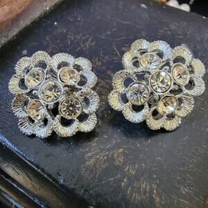 Sarah Cov Clip-On Floral Earrings, Vintage Rhinestone Accents, 90s Nostalgia